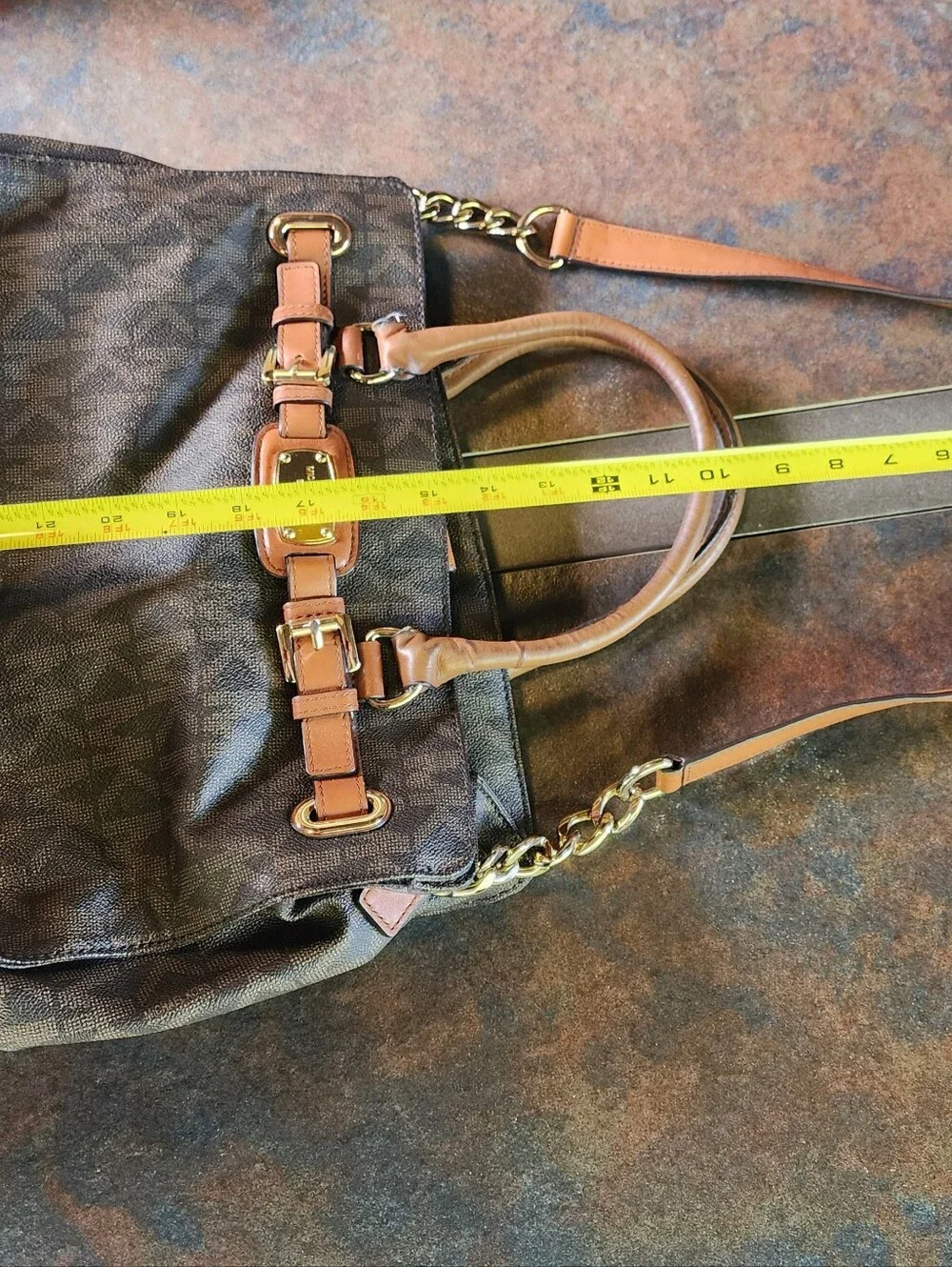 Michael Kors Dark Brown Signature Logo Satchel with Tan Trim